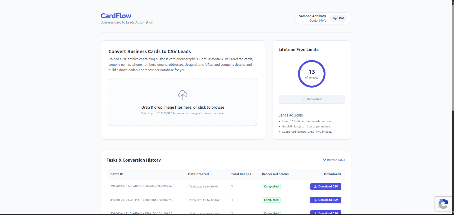 CardFlow business card to leads automation dashboard