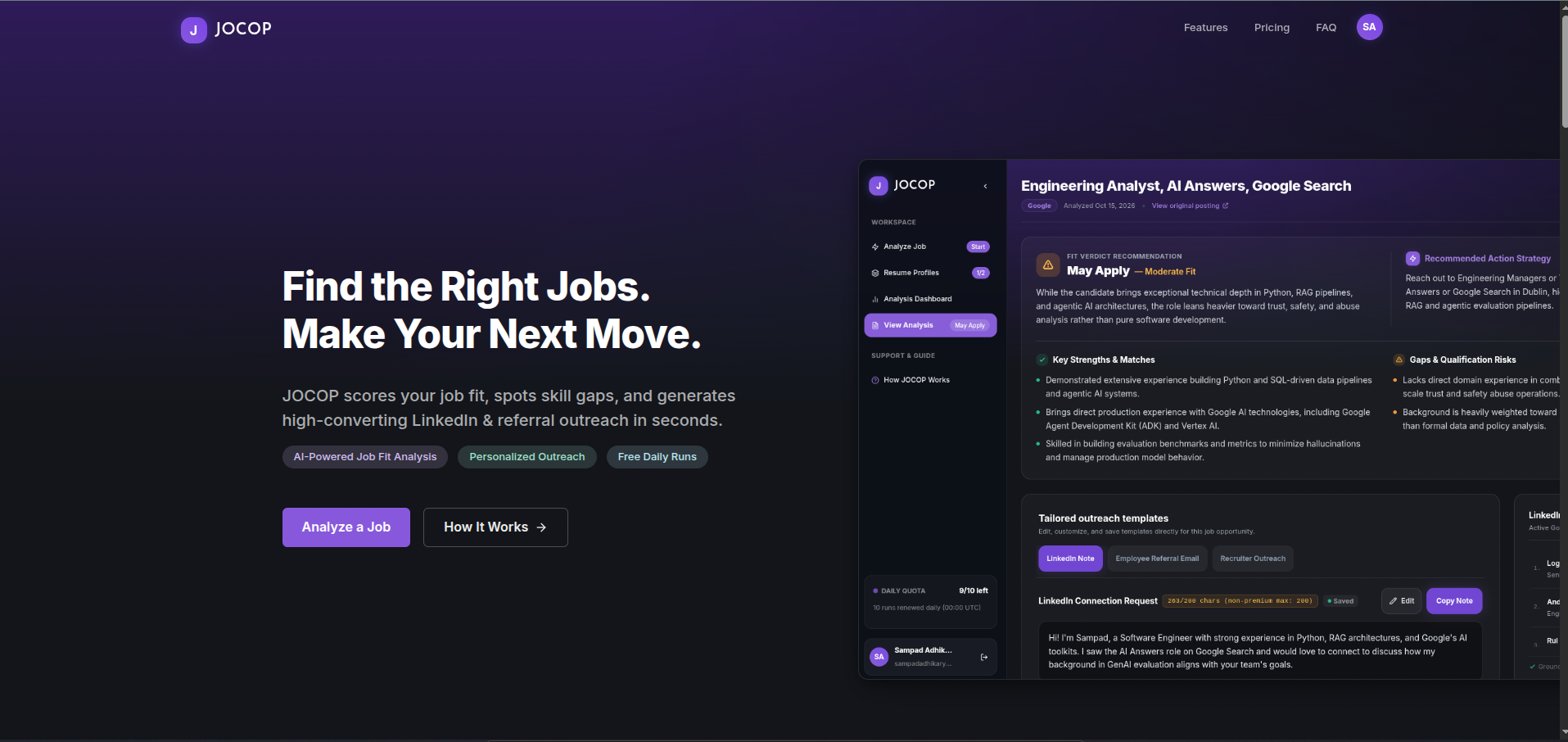 JOCOP job fit analysis and personalized outreach dashboard